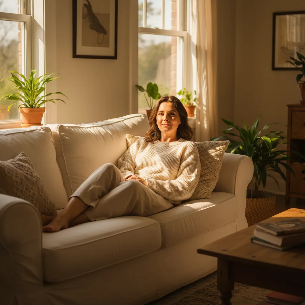 Woman at peace with money, relaxed and confident at home