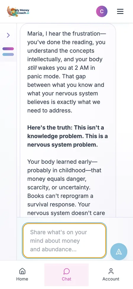 Phone screenshot of Sophia replying to a question about why money anxiety continues despite reading many books, explaining it as a nervous system pattern